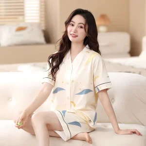 Women’s Knitted CVC Short Sleeve Pajama Set Soft Breathable Elastic Waist Loose Casual Loungewear