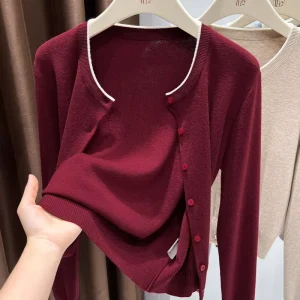 Women’s Knitted Cardigan Sweater Long Sleeved Round Neck Button Style Slim Fit Soft Cardigan White Ring Decoration