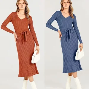 Women’s Knitted Dress Lace Up Waist Solid Color V Neck Design Long Sleeved A Line Casual Autumn Knit Midi Dress