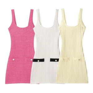 Women’s Knitted Dress Solid Color Elastic Short Dress for Summer