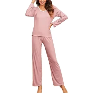 Women’s Knitted Polyester Cotton Blend Spring Summer Autumn Lounge Wear Set Breathable Elastic Waist Long Sleeve Solid Pattern