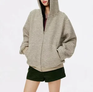 Women’s Knitted Printed Striped Hooded Zipper Cardigan Hoodie Breathable Eco Friendly Polyester Cotton Casual Wear Spring Autumn
