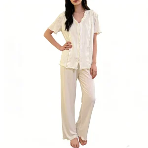 Women’s Knitted Ribbed Pajama Set Soft Modal Cotton Ruffled Collar Loungewear
