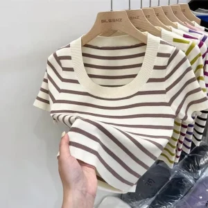 Women’s Knitted Short Sleeve T-Shirt Tops Jersey Breathable Stylish Print One Size Loose Fit