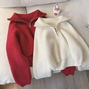 Women’s Knitwear Autumn and Winter New Arrival Zipper Loose Collared Pullover Sweater Blouse