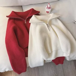 Women’s Knitwear Fall Winter Zipper Loose Collared Pullover Sweater Top
