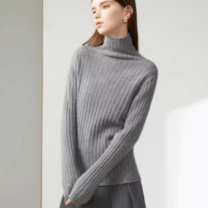 Women’s Korean 100% Pure Cashmere Sweater Long Sleeved Slim Fit Pile Collar Autumn Knitted Pullover