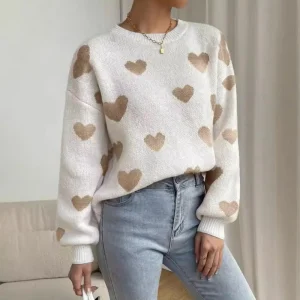 Women’s Korean Casual Breathable Knitted Long Sleeved Slimming Heart Pullover Contrasting Color Front Winter