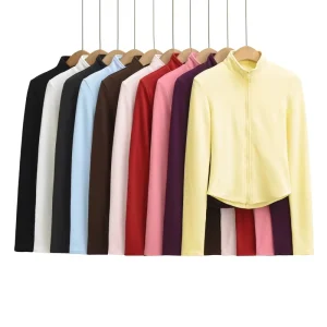 Women’s Korean Style Stand Collar Fleece Jacket Hoodies Sweatshirts Regular Fit Yoga Top Lightweight Seamless for Autumn
