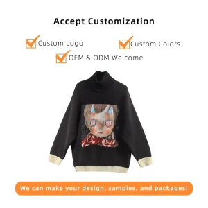 Women’s Korean Style Winter Sweater Neck Long Sleeved Knitted Top Button Decoration Contrast Large Size Print Fashionable