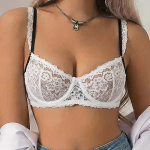 Women’s Lace Bra Sheer Floral Lace Underwire Bra for Women with Adjustable Strap Back Closure and Contrast Trim Intimates
