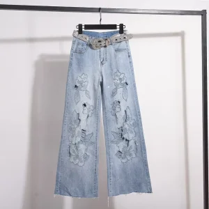 Women’s Lace Embroidery High Waist Slimming Wide Leg Jeans