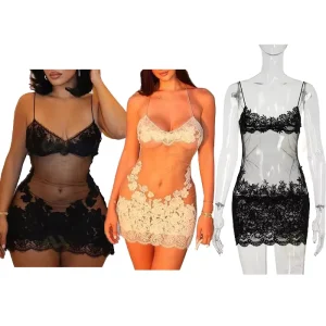 Women’s Lace Mesh Dress with Patchwork Design Perfect for Parties Nights Out Sheer Elegance Bodycon Fit Trendy Dress