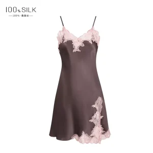 Womens Lace Mulberry Silk Sleepwear Short Nightgown Sexy Sleep Dress