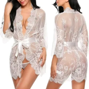 Women’s Lace Robe Underwear Mesh Nightgown Transparent Lace Soft Home Wear Sleepwear