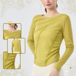 Women’s Lace Splicing Fitness Long sleeved T shirt Solid Color Slim Fit Yoga Top