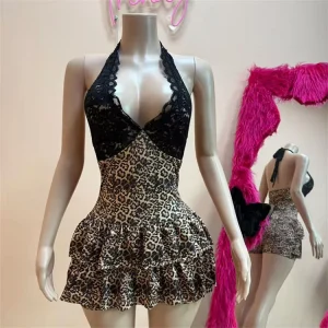 Women’s Lace Trim Leopard Print Splicing Neck Short Sexy Jumpsuit Summer Vacation Romper