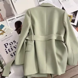 Women’s Lace Up Blazer Spring Designer Style Fashionable Korean Casual Trendy Solid Color Woven Green Blazer
