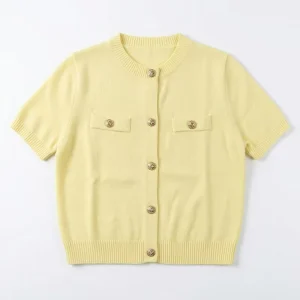 Women’s Ladylike Knit Cardigan Short Sleeve Crew Neck Top with Gold Buttons Casual Style for Autumn Season