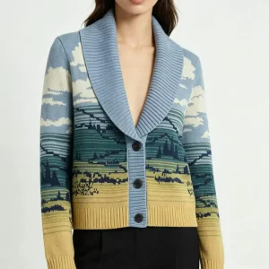 Women’s Landscape Jacquard Knit Cardigan Art Print Shawl Collar Button up Sweater