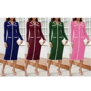 Women’s Lapel Collar Sweater Dress Long Sleeve Contrast Button Down Bodycon Maxi Dress