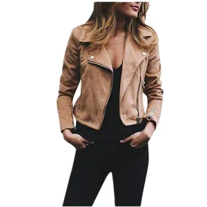 Women’s Lapel Inclined Zipper Short Women’s Blouse Solid Color Spring Autumn Biker Turndown Collar Coats Casual Jacket