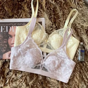 Women’s Large Bust Summer Lace Bra French Rabbit Ear Cup Wireless Push-Up Solid Adjustable Side Thin Knitted Anti-Bacterial
