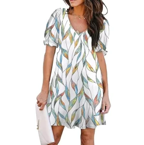 Women’s Leaf Print Casual T Shirt Dress V Neck Puff Short Sleeve Loose Swing Tunic Dress for Summer Daily Wear