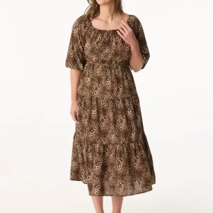 Women’s Leopard Print Woven 100% Cotton A-Line Midi Dress Stand Neck Puff Short Sleeve High Waist Breathable Casual Summer Daily