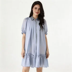 Women’s Light Blue Chiffon Ruffle Dress Collared Puff Sleeve Pleated Casual Summer Dress with Ruffle Hem