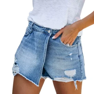 Women’s Light Blue Denim Shorts Mid Waist Straight Style Breathable Quick Dry Casual Logo Waist Washed Ripped 100% Organic