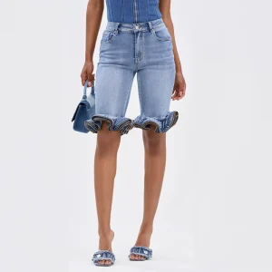 Women’s Light Blue High Waist Denim Shorts Summer Vintage Chic Boyfriend Jeans with Ruffled Hem Casual Washed Technique
