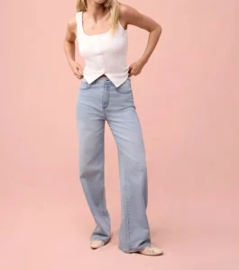 Women’s Light Blue High Waist Wide Leg Jeans Washed Denim Baggy Straight Leg Casual Daily