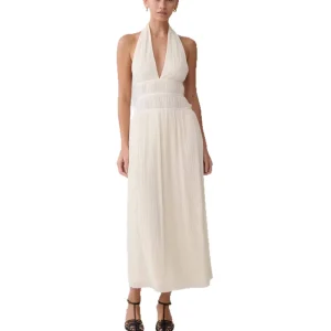 Women’s Light Blue Summer Cocktail Dress Halter Backless Pleated Maxi Club Style Casual Solid Pattern with Woven Front Washable