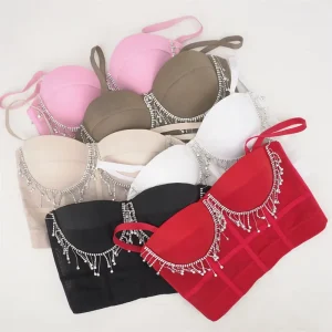Women’s Light Crop Corset See through Mesh Design Sexy Sustainable Underwear Rhinestone Silver Chain Sexy Fashion Women’s Bra
