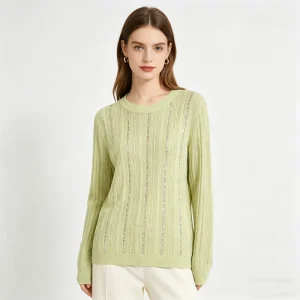 Women’s Light Green Sequin Sweater Long Sleeve Elegant Sparkly Textured Knitwear Pullover