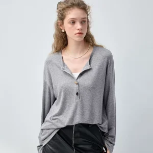 Women’s Light Grey Vintage Relaxed Style Neck Soft Modal Blend Long Sleeve Loose Fit T Shirt