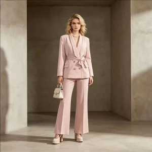 Women’s Light Pink Belted Solid Blazer & Flare Pants Autumn One Set Professional Office Business Meeting & Interview Suit