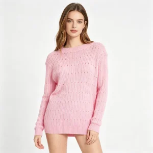 Women’s Light Pink Sequin Lace Knit Round Sweater Elegant Top for Women