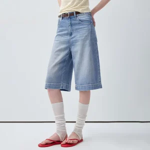 Women’s Light Wash Blue High Waist Denim Culottes Wide Leg Straight Fit Casual Summer Shorts