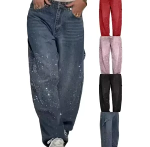 Women’s Light Wash Denim Knitted Weaving High Waist Breathable Diamond Pattern Casual Pants Summer Straight Jeans