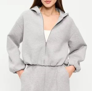 Women’s Light Zip Up Hoodie Cropped Bubble Hem Elastic Cuff Casual Hooded Sweatshirt Soft Fleece Top for Daily Spring Wear