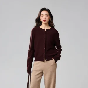 Women’s Lightweight 100% Wool Knit Top Solid Color Single Breasted Crew Neck Cardigan Sweater for Streetwear & Casual