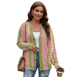 Women’s Lightweight Autumn Quilted Cardigan Custom Maile Pikake Twisted Lei Leopard Print Button-Down Knitted Jacket