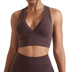 Women’s Lightweight Breathable Racer Back Removable Pads Sexy Sports Bra Yoga & Gym Running Workout Deep V Neck Front Logo