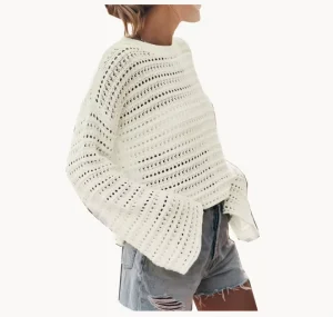 Women’s Lightweight Cotton Crochet Pullover Tops Embroidered Hollow Design Casual Knit Sweater