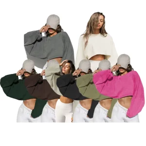 Women’s Lightweight Drop-Shoulder Long Sleeve Crop Sweatshirts Oversized Crewneck Terry Knitted T Shirts Printed Autumn