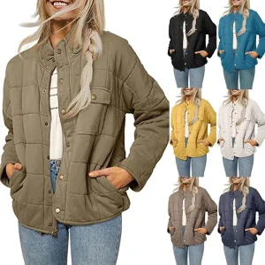 Women’s Lightweight Jacket Plaid Pattern Stand Collar Belt Breathable Autumn Full Sleeve Coat