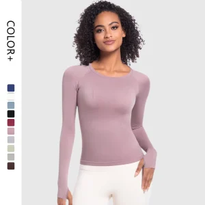 Women’s Lightweight Long Sleeve Sports Top Neck Fitness Yoga Running T Shirt Breathable Seamless Design Front