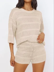 Women’s Lightweight Open Knit 2PC Set 3/4 Sleeve Top & High Waist Drawstring Shorts for Loungewear & Vacation